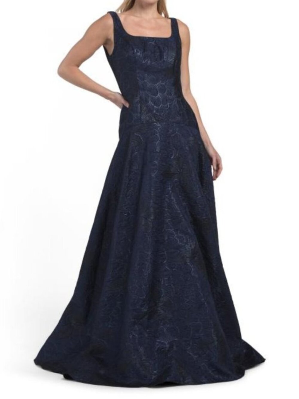 RENE BY RENE RUIZ Sleeveless Dropped Waist Jacquard Gown